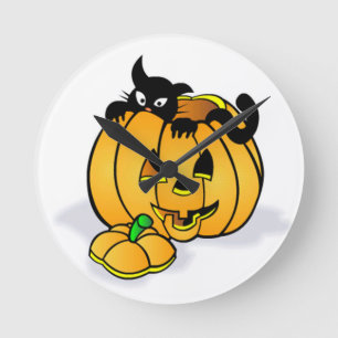 Halloween Pumpkin met zwarte kat Ronde Klok