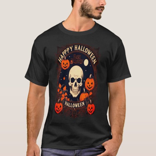 Halloween Pumpkin Skull Basic Donker T-shirt (Voorkant)