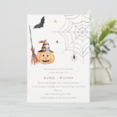Halloween Pumpkin Spider Web Couples Shower Invite Bedankkaart (Staand voorkant)
