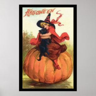 Halloween Pumpkin Witch in Red bovenop een pompoen Poster