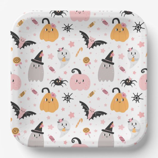 Halloween Pumpkins, Bats, Ghost, Spiders en Snoep Papieren Bordje (Voorkant)