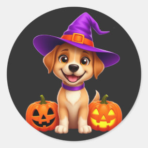 Halloween Puppy Met Heksenhoed En Pompoen 🎃 Ronde Sticker
