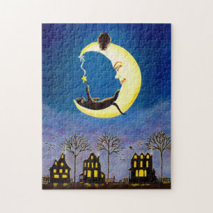 Halloween puzzle, halve maan met katten legpuzzel