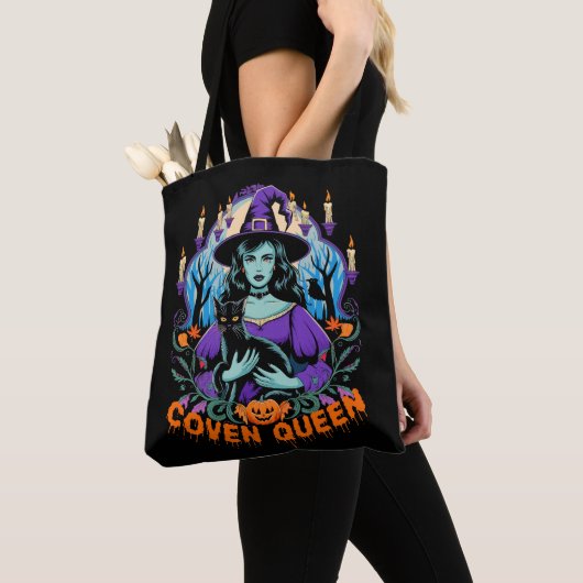 Halloween QUEEN Witch Art met Black Cat Design Draagtas (Dichtbij)