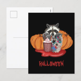 Halloween Raccoon met schedel en pompoenen Feestdagenkaart