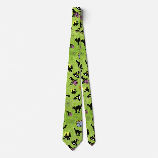 Halloween Random Iconic Pattern Green BG Stropdas (Voorkant)