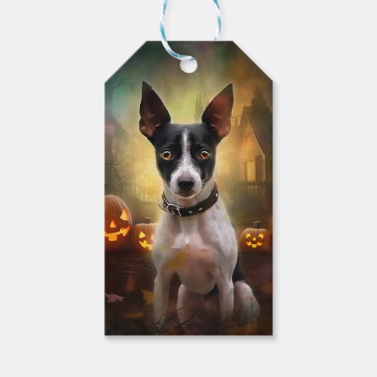 Halloween Rat Terrier met pompoenen eng Cadeaulabel (Voorkant)