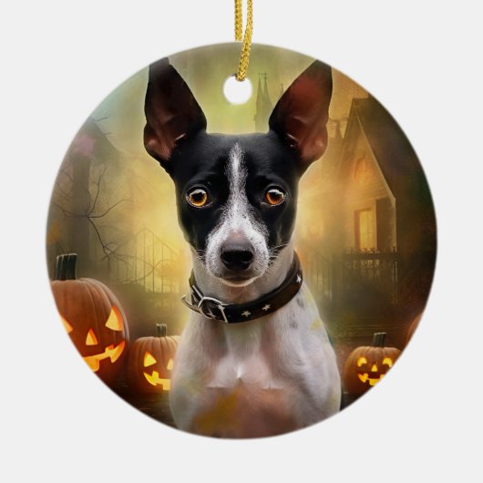 Halloween Rat Terrier met pompoenen eng Keramisch Ornament (Voorkant)