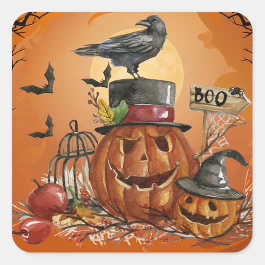 Halloween Raven Pumpkin Party Vierkante Sticker (Voorkant)