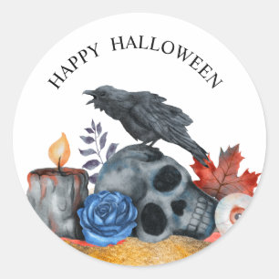 Halloween raven schedel oogbal waterverf ronde sticker