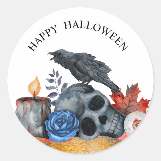 Halloween raven schedel waterverf ronde sticker (Voorkant)