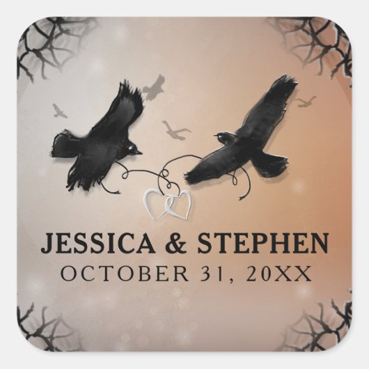 Halloween Ravens met harten bruiloft plein Vierkante Sticker (Voorkant)