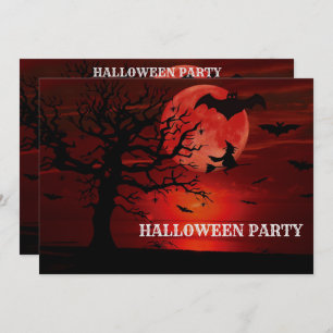 Halloween Red Full Moon Black Tree Witch Bat Scary Kaart