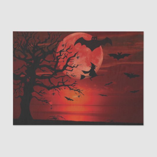 Halloween Red Full Moon Black Tree Witch Bat Scary Tissuepapier (Voorkant)