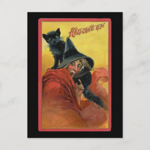 Halloween Red Witch & Black Cat Briefkaart