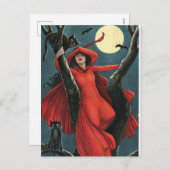 Halloween Red Witch & Black Cat  Feestdagenkaart (Voorkant / Achterkant)