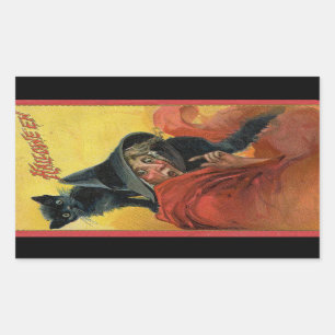 Halloween Red Witch & Black Cat Rechthoekige Sticker