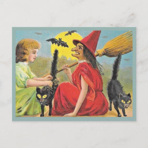 Halloween Red Witch met vleermuizen en zwarte kat Briefkaart