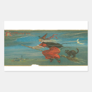 Halloween Red Witch op Broom Black Cat Rechthoekige Sticker