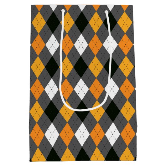 Halloween Retro Argyle Oranje Zwart wit Medium Cadeauzakje (Achterkant)