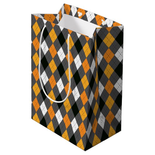 Halloween Retro Argyle Oranje Zwart wit Medium Cadeauzakje (Achterkant Gekanteld)
