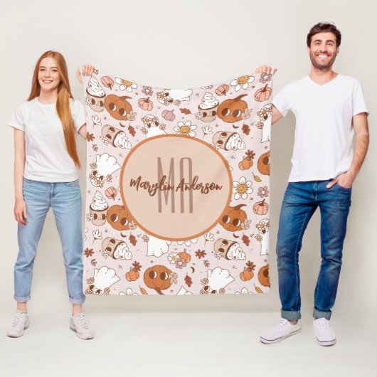 HALLOWEEN RETRO GROOVY PUMPKINS AND GHOSTS FLEECE DEKEN (In situ)