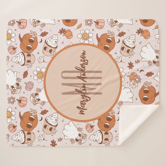 HALLOWEEN RETRO GROOVY PUMPKINS AND GHOSTS SHERPA DEKEN (Voorkant (horizontaal))