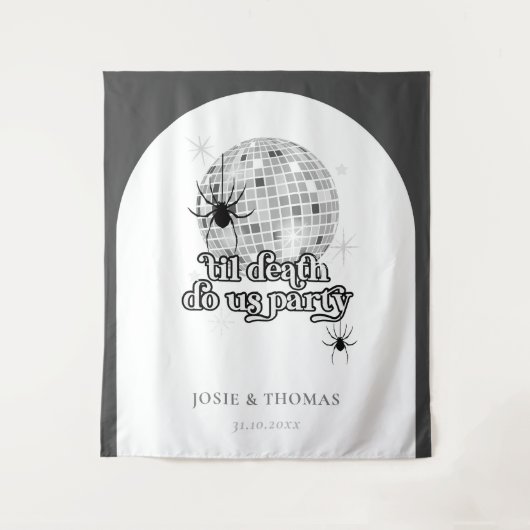 Halloween Retro Spinnen & Disco Bal Bruiloft Wandkleed (Voorkant)