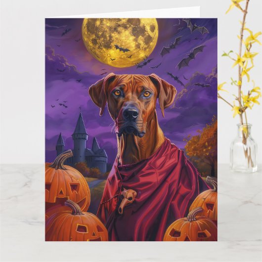 Halloween Rhodesian Ridgeback Vampire Pumpkins Kaart (Gele Bloem)