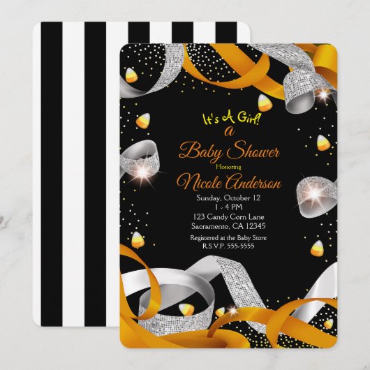Halloween Ribbon & Candy Corn Baby shower Kaart (Voorkant / Achterkant)