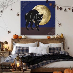 Halloween Rondsluipende Zwarte Kat Op Een Volle Ma Canvas Afdruk