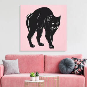 Halloween rondsluipende zwarte kat silhouet tekeni canvas afdruk