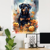 Halloween Rottweiler met pompoenen eng Poster (Thuiskantoor)
