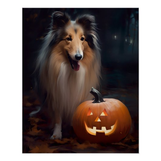 Halloween Rough Collie with Pumpkins Scary Perfect Poster (Voorkant)