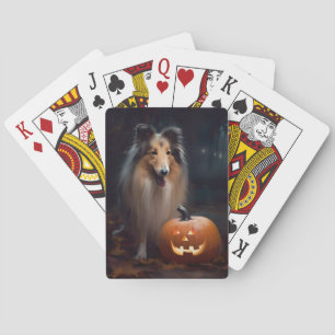 Halloween Rough Collie with Pumpkins Scary Pokerkaarten