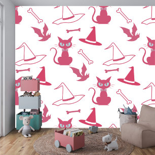 Halloween Roze Kat Spooky Witchy feest Behang