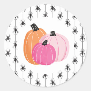 Halloween Roze Pompoenen en Spinnen Ronde Sticker
