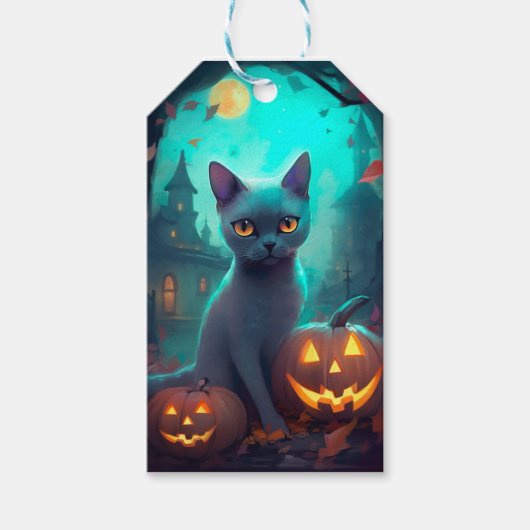 Halloween Russisch blauw Kat met pompoenen eng Cadeaulabel (Voorkant)