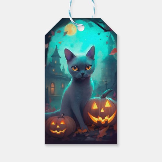 Halloween Russisch blauw Kat met pompoenen eng Cadeaulabel (Achterkant)