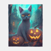 Halloween Russisch blauw Kat met pompoenen eng Fleece Deken (Voorkant)