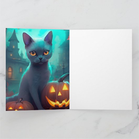 Halloween Russisch blauw Kat met pompoenen eng Kaart (Binnen)