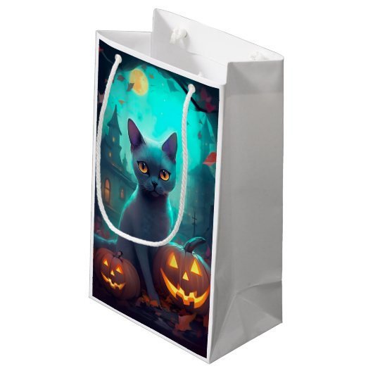 Halloween Russisch blauw Kat met pompoenen eng Klein Cadeauzakje (Achterkant Gekanteld)