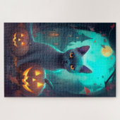 Halloween Russisch blauw Kat met pompoenen eng Legpuzzel (Horizontaal)