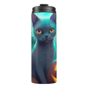 Halloween Russische Blauwe Kat Met Pompoenen Eng Thermosbeker