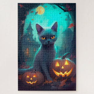 Halloween Russische Blauwe Kat Met Pompoenen Griez Legpuzzel