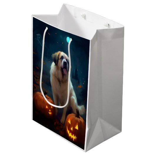 Halloween Saint Bernard met pompoenen eng Medium Cadeauzakje (Voorkant Gekanteld)