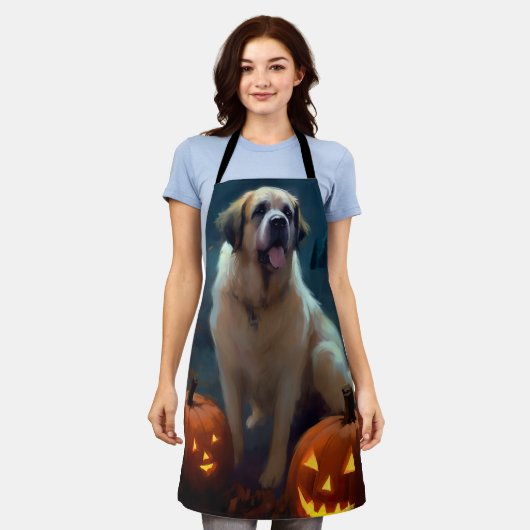 Halloween Saint Bernard met pompoenen eng Schort (Gedragen)