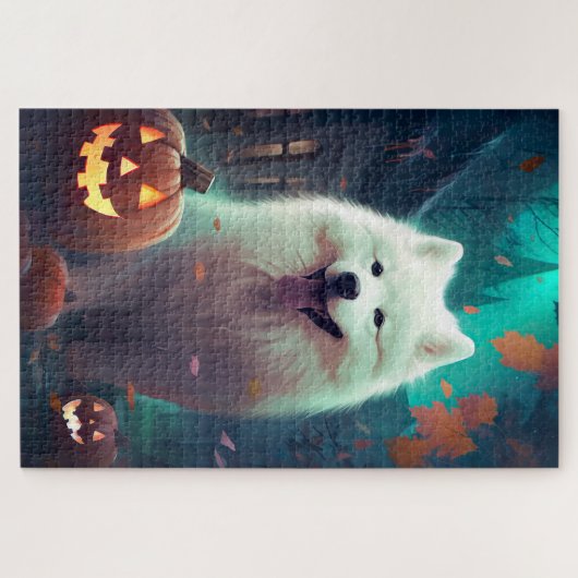 Halloween Samoyed met pompoenen eng Legpuzzel (Horizontaal)