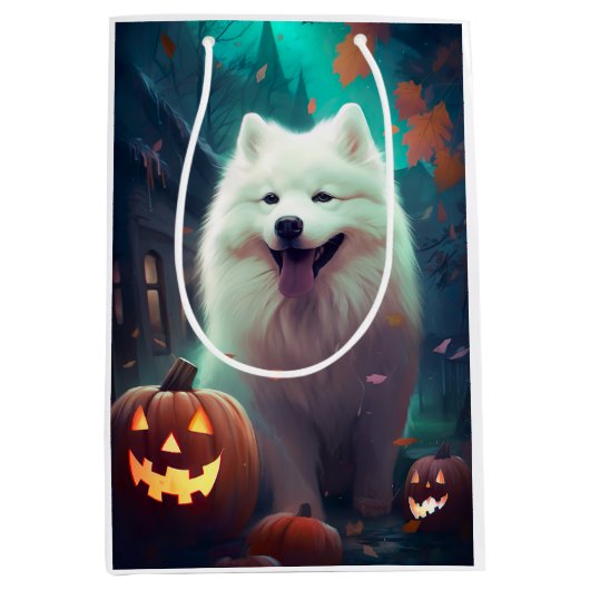 Halloween Samoyed met pompoenen eng Medium Cadeauzakje (Voorkant)