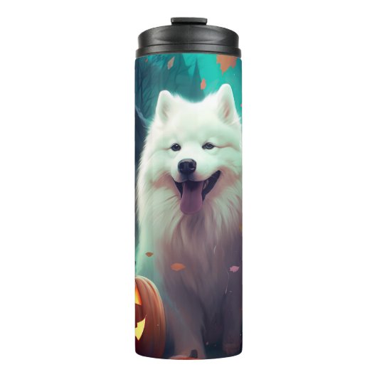 Halloween Samoyed met pompoenen eng Thermosbeker (Voorkant)